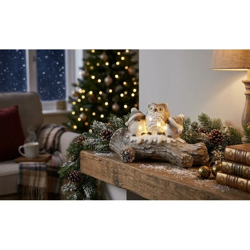 Vianočná dekorácia Sovy na zasneženom kmeni, LED, 20.5x49.5x27.5 cm