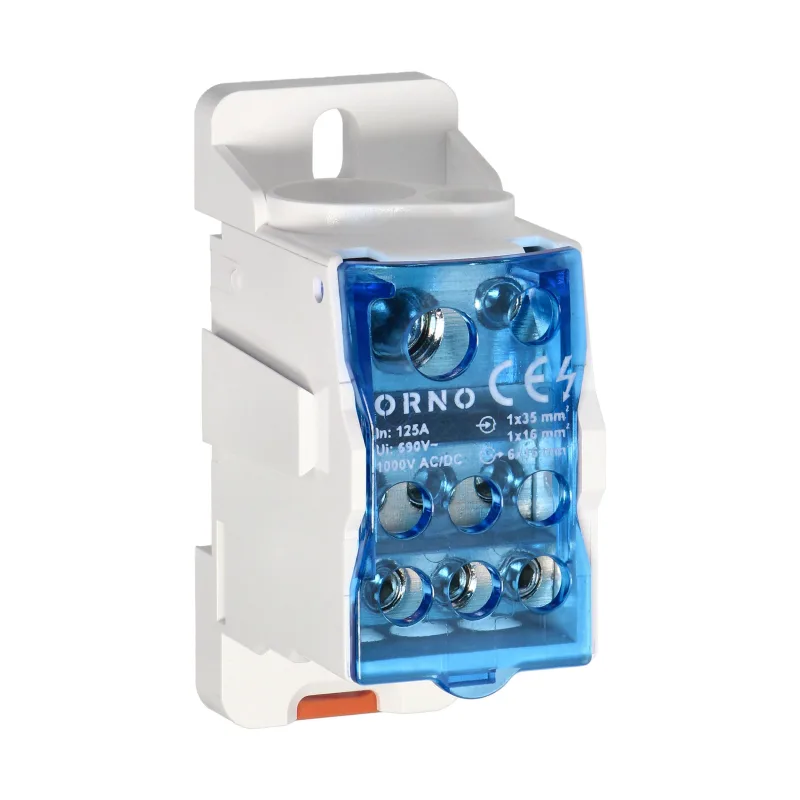 ORNO Distribučný blok 125A, vstupná svorka 1x16mm2 a 1x35mm2, výstupná svorka 6x16mm2, na DIN