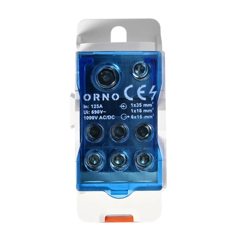 ORNO Distribučný blok 125A, vstupná svorka 1x16mm2 a 1x35mm2, výstupná svorka 6x16mm2, na DIN