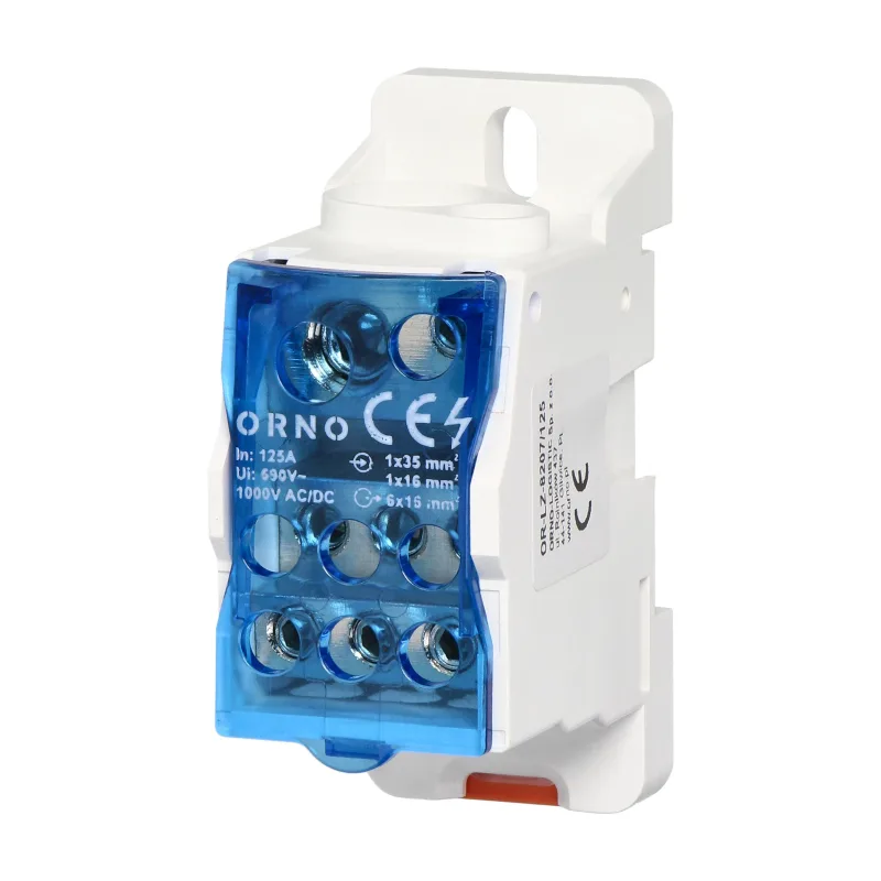 ORNO Distribučný blok 125A, vstupná svorka 1x16mm2 a 1x35mm2, výstupná svorka 6x16mm2, na DIN