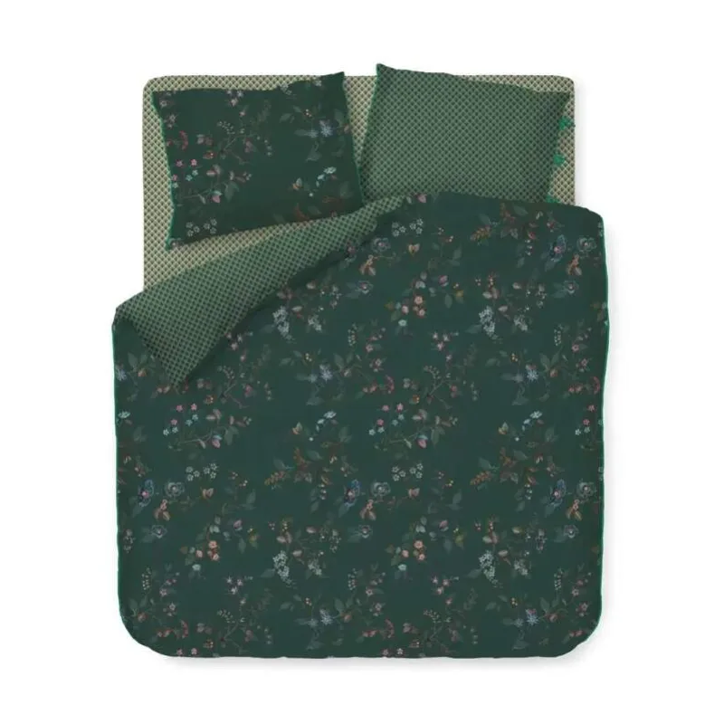Pip Studio perkálové povlečení Kawai Flower tmavě zelené 200x200 + 2x 70x90 cm