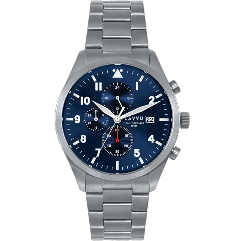LAVVU Pánské titanové hodinky PILOT Chronograph Deep Blue 100M Sapphire LWM0290 - modrý číselník