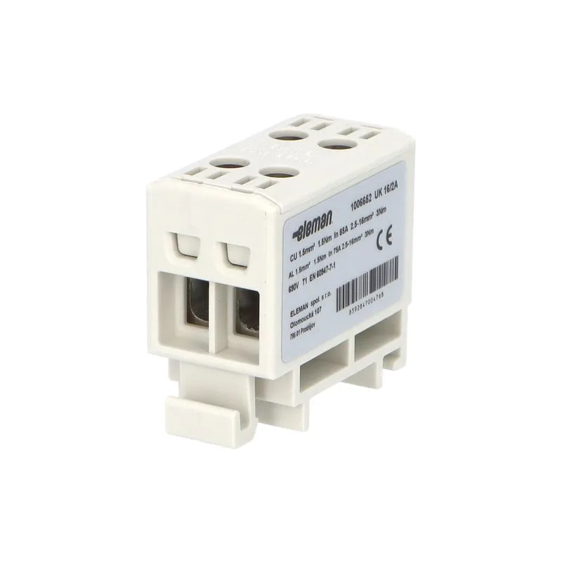 ELEMAN Svorka univerzálna dvojitá UK 16/2 A, 85A, 2x16mm2 1pól, AL/CU, krytá, sivá, na DIN lištu