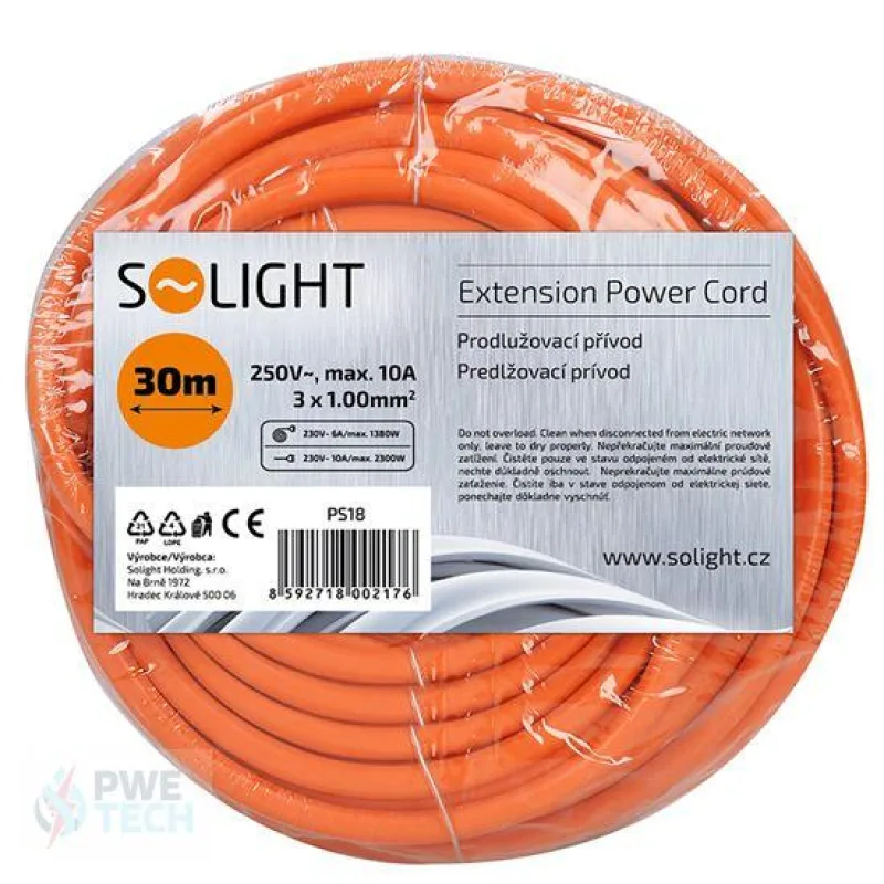 Solight Holding s.r.o. Predlžovací prívod - spojka, 1 zásuvka, 30m, H05VV-F3 3x1mm2, oranžová