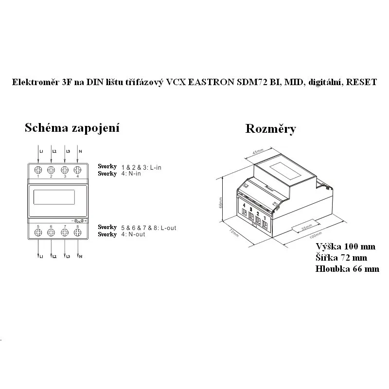 Elektromer 3F obojsmerný na DIN trojfázový digitálny VCX EASTRON SDM72 BI MID Reset 100A