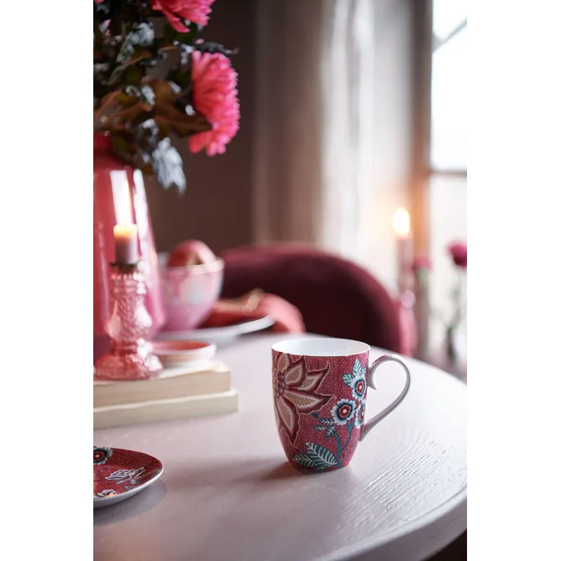 Pip Studio Flower Festival hrnek XL 440ml, tmavě růžový