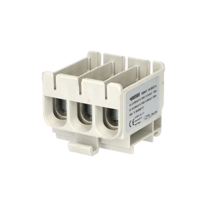 ELEMAN Svorka univerzálna trojitá UK 50/3x1 A, 160A, 3x50mm2 3pól, AL/CU, krytá, sivá, na DIN