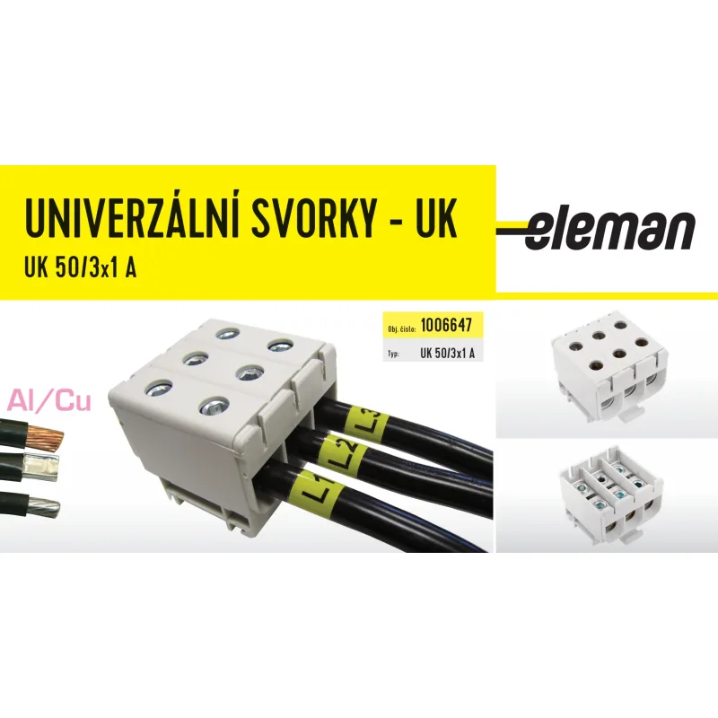 ELEMAN Svorka univerzálna trojitá UK 50/3x1 A, 160A, 3x50mm2 3pól, AL/CU, krytá, sivá, na DIN