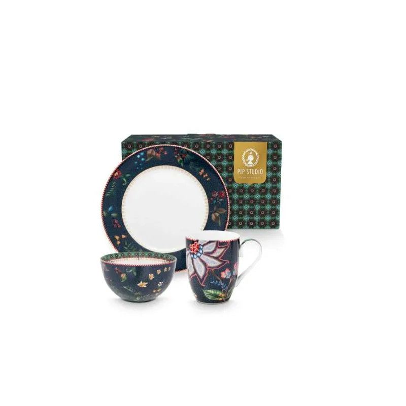 Pip Studio porcelánová sada Berry Blues snídaňová, 3 dílná