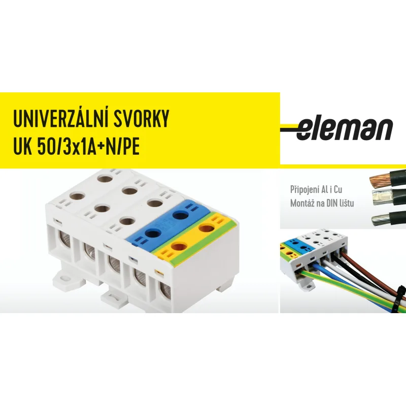 ELEMAN Svorka univerzálna UK 50/3x1A+N/PE, 160A, 5x50mm2 5pól, AL/CU, krytá, 3 x sivá/modrá/zeleno-žltá, na DIN a Montážnu dosku