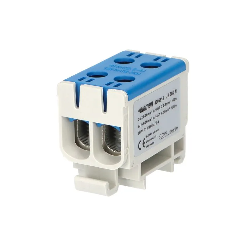 ELEMAN Svorka univerzálna dvojitá UK 50/2 N, 160A, 2x50mm2 1pól, AL/CU, krytá, modrá, na DIN lištu