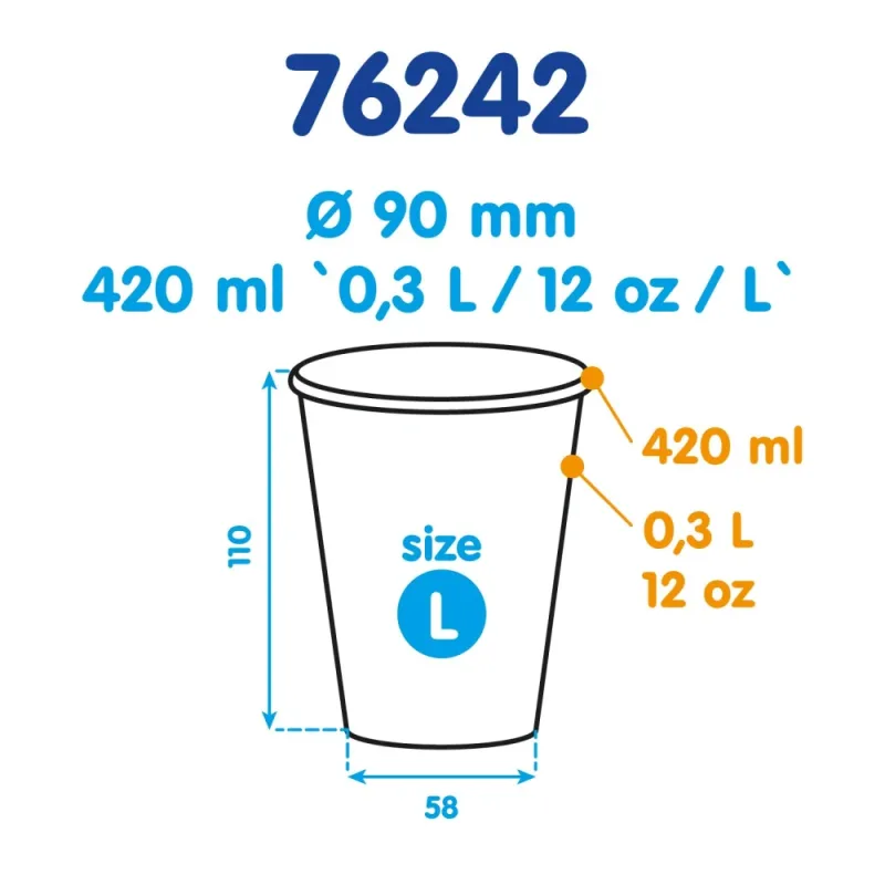 Papírový kelímek bílý 420 ml, L (Ø 90 mm) [50 ks] (76242 - P10A)