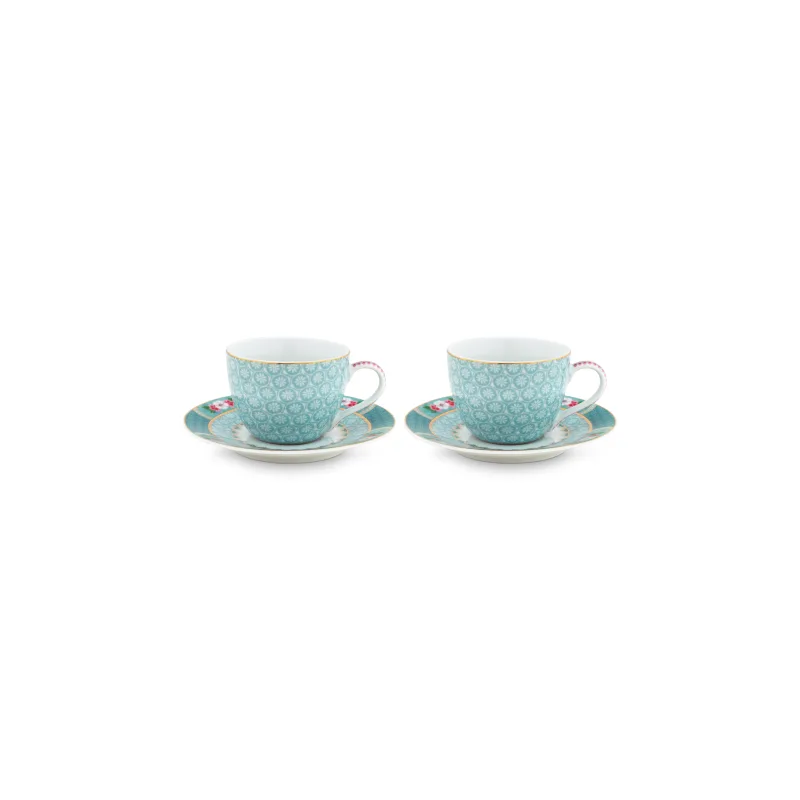 Pip Studio Blushing Birds 2ks hrnků s talířky na espresso 120ml, modrá