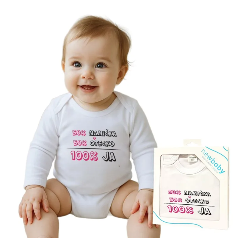 Body s potlačou New Baby 50% MAMIČKA + 50% OTECKO - 100% JA ružové - darčekové balenie