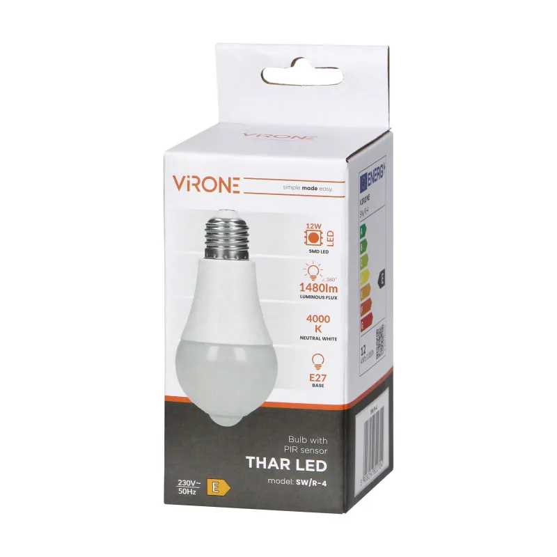 VIRONE THAR LED 12W žiarovka s PIR pohybovým senzorom 1480lm, 4000K