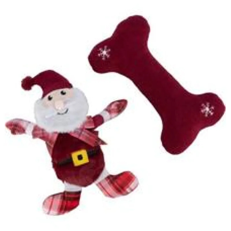Xmas GIFT SET - vánoční dárková sada hraček (santa, kost), 30 cm, plyš/látka 2 ks