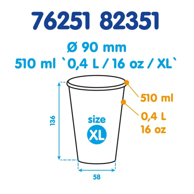Papírový kelímek bílý 510 ml, XL (Ø 90 mm) [50 ks] (76251)