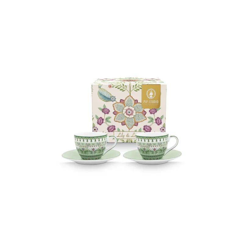 Pip Studio Lily & Lotus sada 2ks espresso šálků s podšálky 100ml, zelená