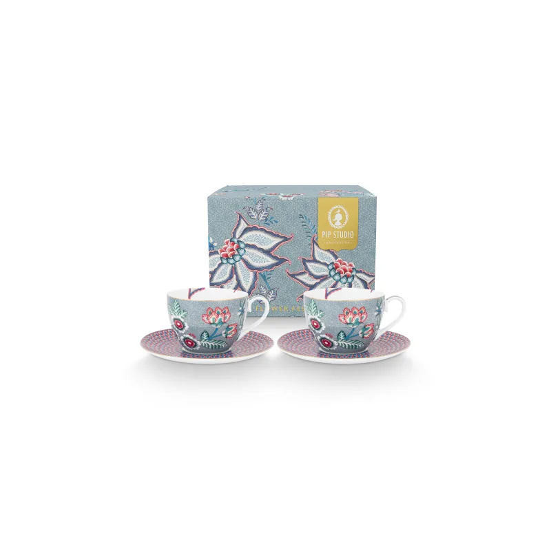 Pip Studio Flower Festival sada 2 cappuccino šálků s podšálky, modrá