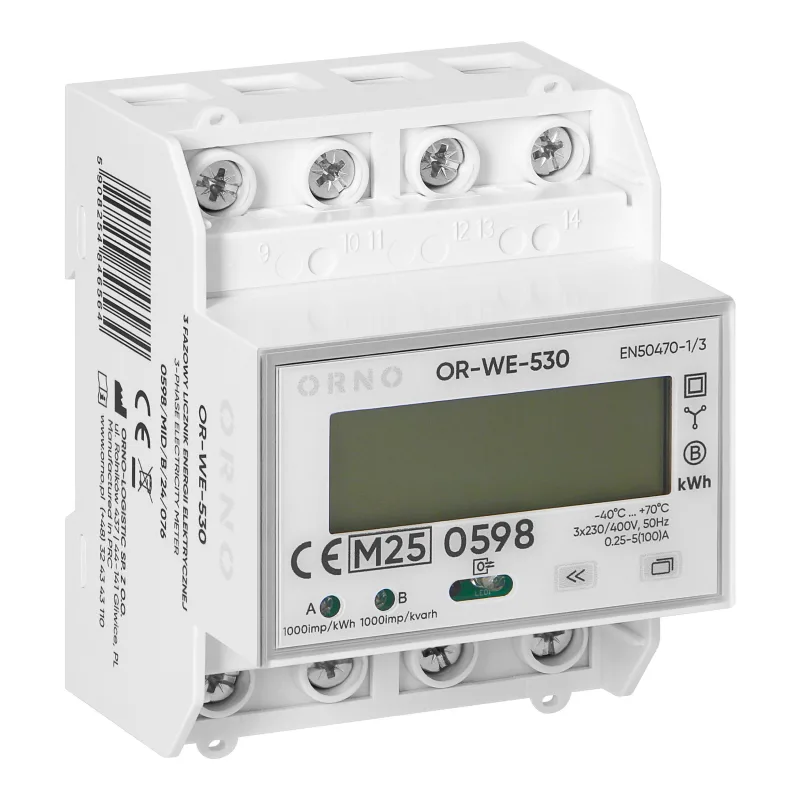 Trojfázový elektromer ORNO OR-WE-530 multi-tarif na DIN lištu, 100 A, port RS-485, MID, 4 moduly, PV-Ready