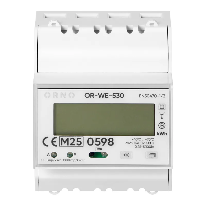 Trojfázový elektromer ORNO OR-WE-530 multi-tarif na DIN lištu, 100 A, port RS-485, MID, 4 moduly, PV-Ready
