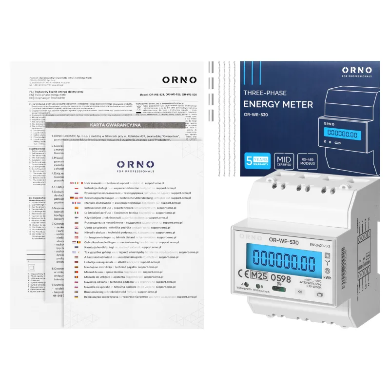 Trojfázový elektromer ORNO OR-WE-530 multi-tarif na DIN lištu, 100 A, port RS-485, MID, 4 moduly, PV-Ready