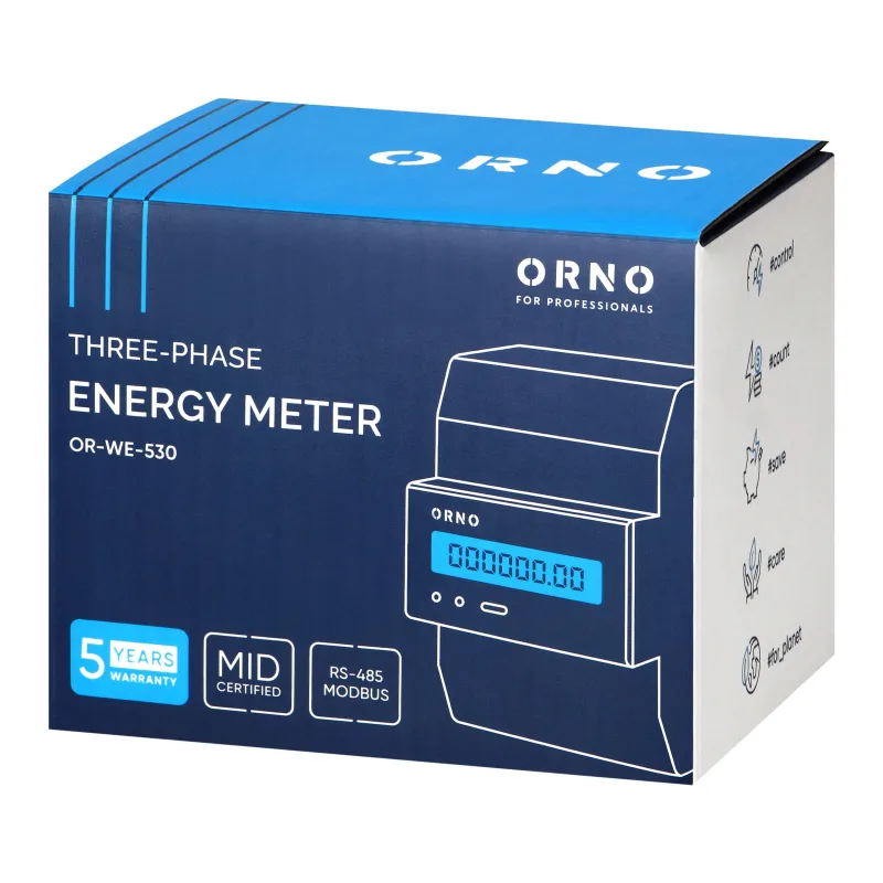 Trojfázový elektromer ORNO OR-WE-530 multi-tarif na DIN lištu, 100 A, port RS-485, MID, 4 moduly, PV-Ready