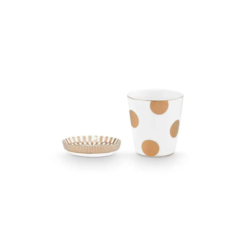 Pip Studio Dot Delight hrnek bez ucha s odkládacím táckem 270ml, bílo-zlatý