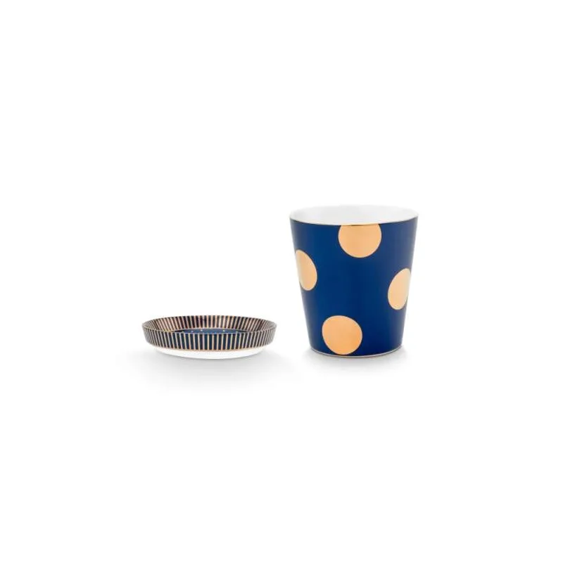 Pip Studio Dot Delight Navy-Gold hrnek bez ucha s odkládacím táckem 270ml, modro-zlatý