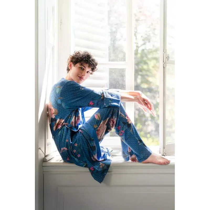 Pip Studio Belina dlouhé kalhoty Tokyo Bouquet, modré