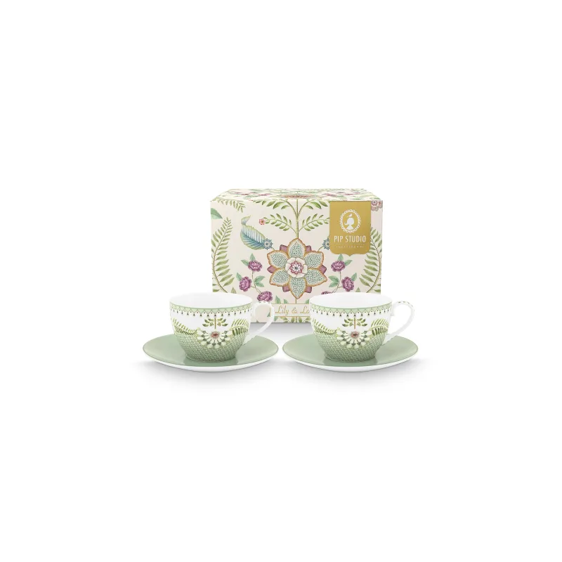 Pip Studio Lily & Lotus sada 2ks cappuccino šálků s podšálky 270ml, zelená