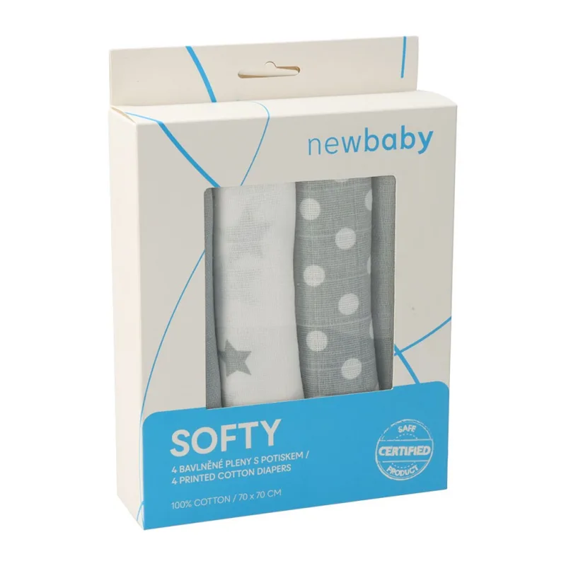 Látkové bavlnené plienky New Baby Softy s potiskom 70 x 70 cm 4 ks šedo-biele