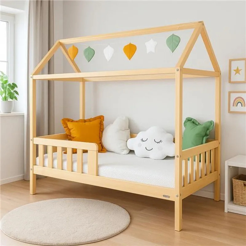 Detská posteľ domček so zábradlím a roštom New Baby CASTELLO 160x80 cm prírodná