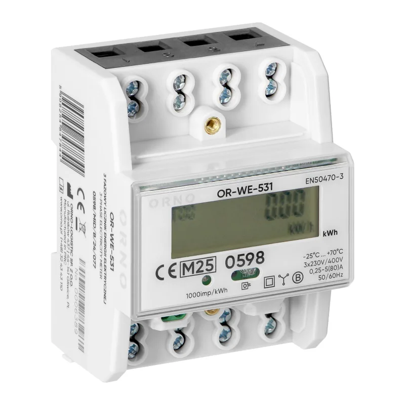 Elektromer trojfázový obojsmerný na DIN lištu ORNO OR-WE-531 0,25-80A MID reset