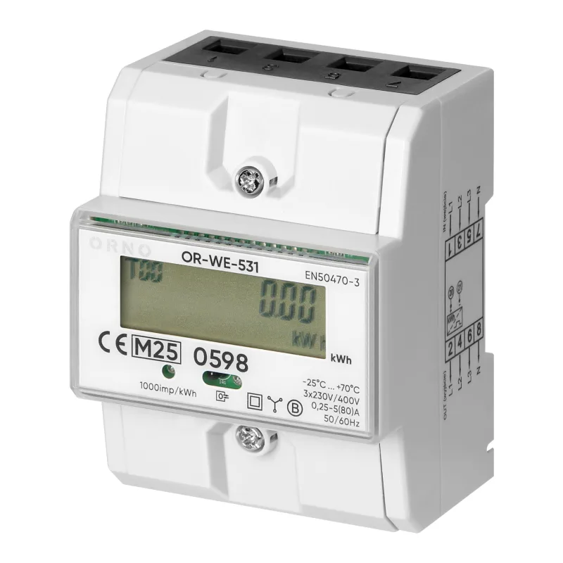 Elektromer trojfázový obojsmerný na DIN lištu ORNO OR-WE-531 0,25-80A MID reset