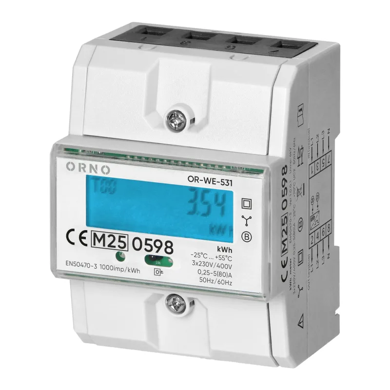 Elektromer trojfázový obojsmerný na DIN lištu ORNO OR-WE-531 0,25-80A MID reset