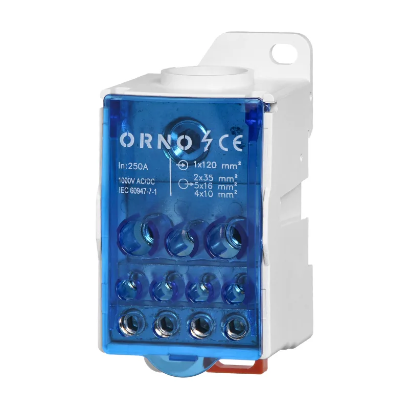 ORNO Distribučný blok 250A, vstupná svorka 1x120mm2, výstupná svorka 4x10 a 5x16 a 2x25, na DIN