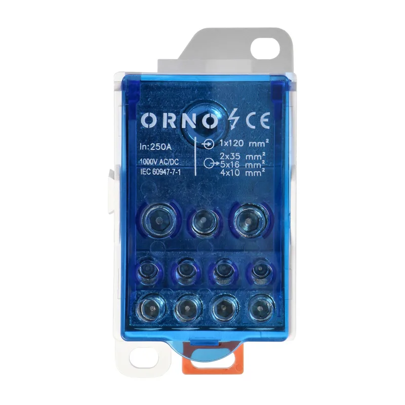 ORNO Distribučný blok 250A, vstupná svorka 1x120mm2, výstupná svorka 4x10 a 5x16 a 2x25, na DIN