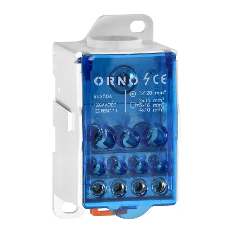 ORNO Distribučný blok 250A, vstupná svorka 1x120mm2, výstupná svorka 4x10 a 5x16 a 2x25, na DIN