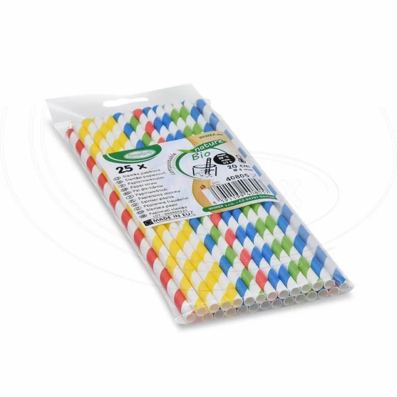 Slámky papírové rovné, barevný mix, spirála 20 cm, Ø 6 mm [25 ks] (40806 - 8B)