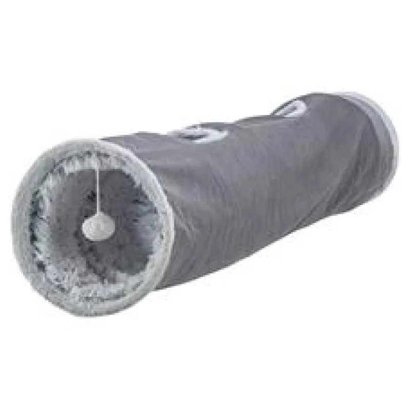 Plyšový tunel pro kočky HARVEY s hračkami, 4 vstupy, 27 x 116 cm, šedá 1 ks