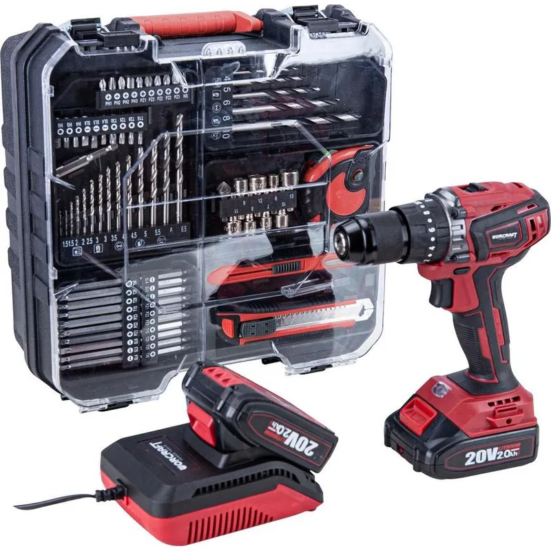 Skrutkovač Worcraft CHD-S20LiBAT ShareSYS 20V, Li-ion, bezuhlíkový, 2x akumulátor 2.0Ah, nabíjačka, set s príslušenstvom 73ks, v kufríku