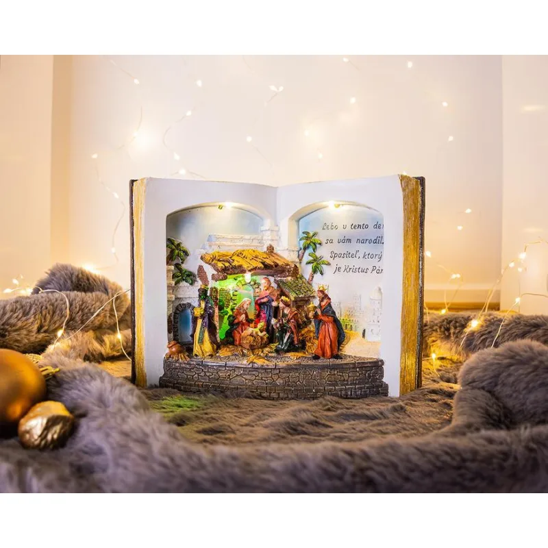 Vianočná dekorácia Betlehem v knihe, farebná, 3 LED, 3xAA