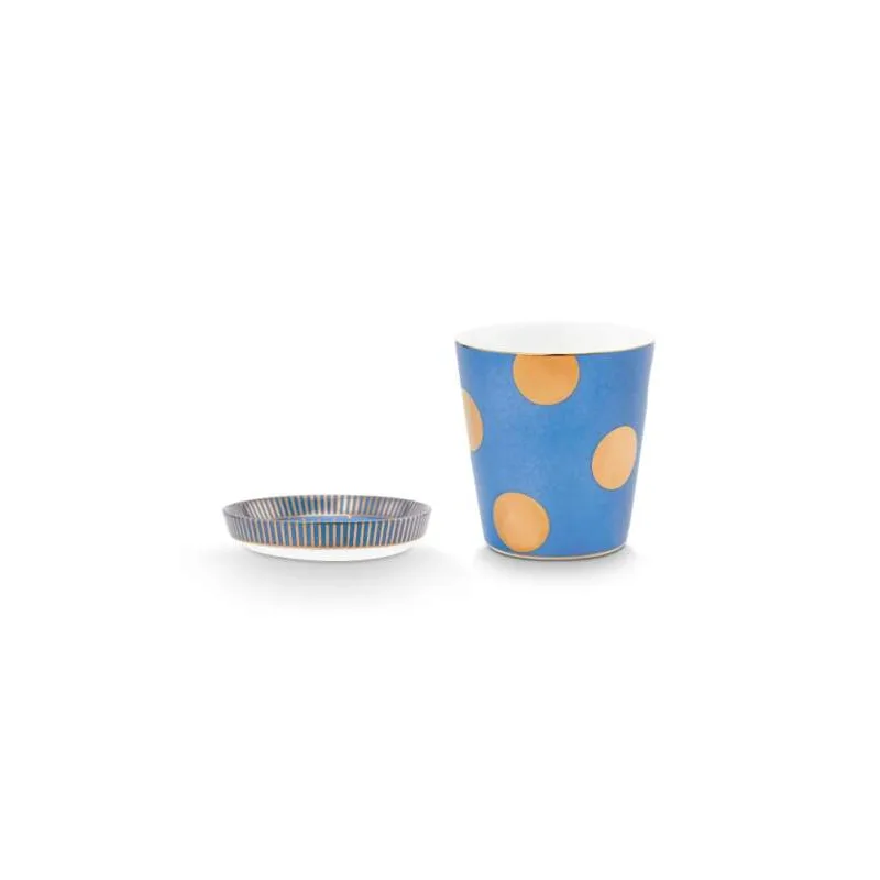 Pip Studio Dot Delight Light Blue-Gold hrnek bez ucha s odkládacím táckem 290ml, modro-zlatý