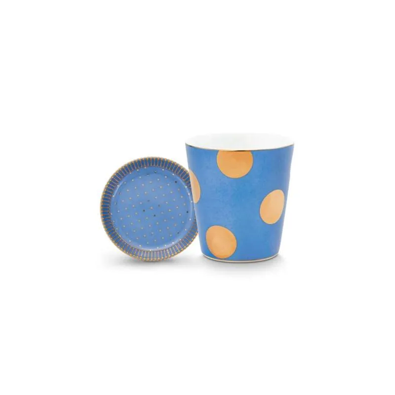 Pip Studio Dot Delight Light Blue-Gold hrnek bez ucha s odkládacím táckem 290ml, modro-zlatý