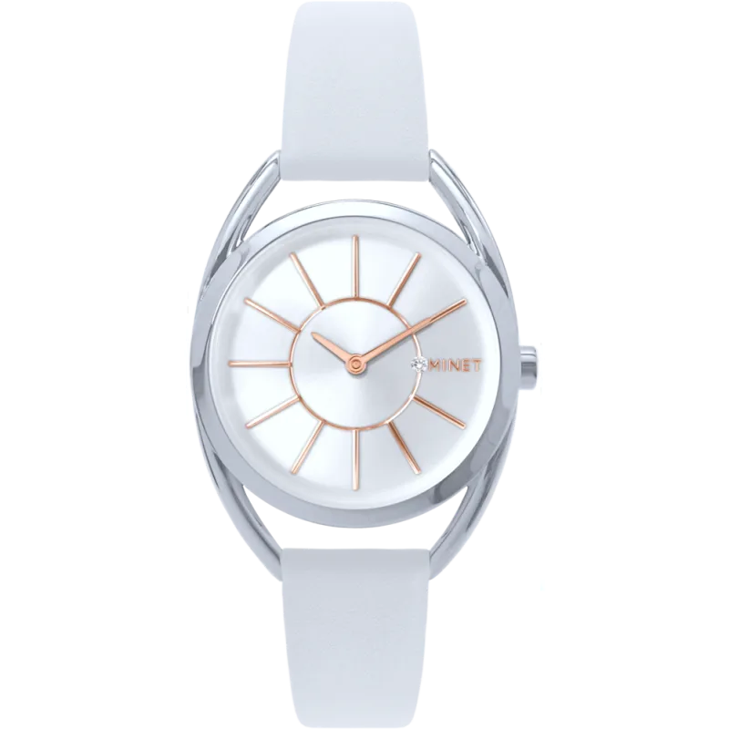 MINET Stříbrné dámské hodinky ICON SILVER s bílým koženým řemínkem MWL5237