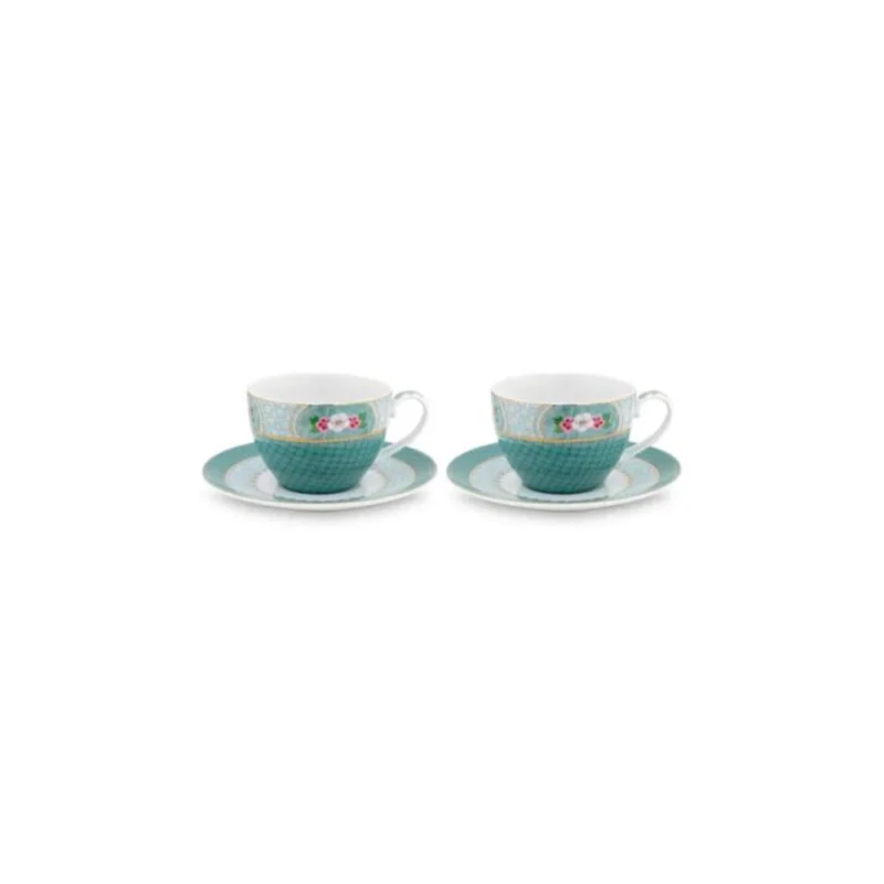 Pip Studio Blushing Birds 2ks cappuccino hrnků 280ml s talířky, modrá