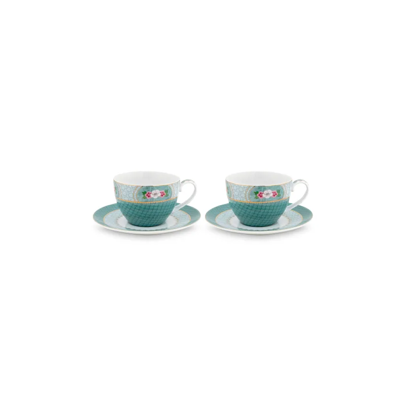 Pip Studio Blushing Birds 2ks cappuccino hrnků 280ml s talířky, modrá