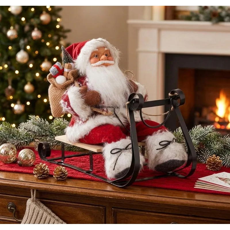 Vianočná dekorácia Santa na sánkach, červený, 46 cm