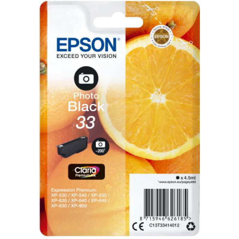 Epson Singlepack Photo Black 33 Claria Premium Ink C13T33414012
